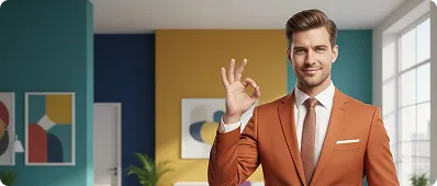 Tamam işareti yapan turuncu takım elbiseli gülümseyen adam