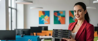 Ofiste elinde rack sunucu tutan kırmızı ceketli kadın