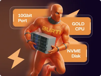 Sunucu taşıyan BURTI maskotu: 10 Gbit port, Gold CPU ve NVMe disk